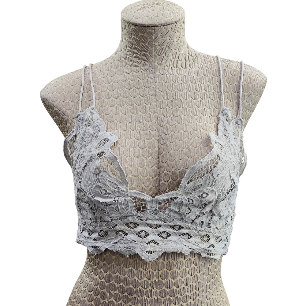Free People FP One Adella Lingerie Top L Grey Lace Boho Strappy V-Neck Cropped